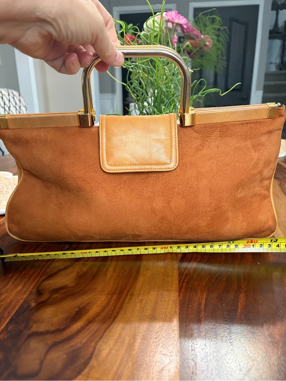 VintageMastercraft Canada Structured Tan Suede Satchel with Gold-Tone Handle 🇨🇦